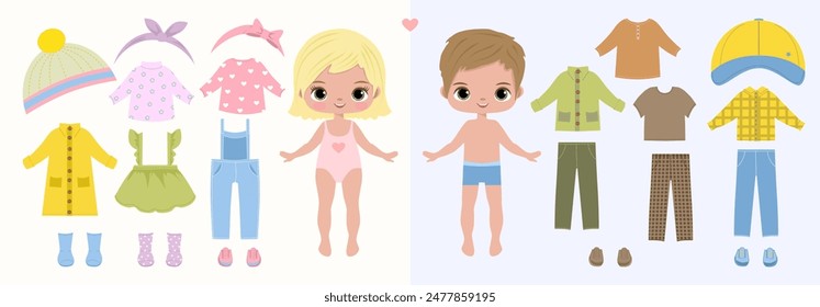 Paper doll clothes.Cute girl with clothes set, collection. Fashion girl, boy . Dress up stickers. Vector illustration. Baby doll, children, kids play, toy, game, activity. Cutouts, cut out. Funny