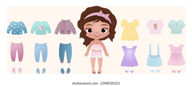 Paper doll clothes.Doll clothes set. Baby doll. Dress up doll, cut out. Vector illustration. Dresses, skirt, t shirt, coat, jeans, boots. Funny, cartoon girl. Clothes collection. Toy for children 