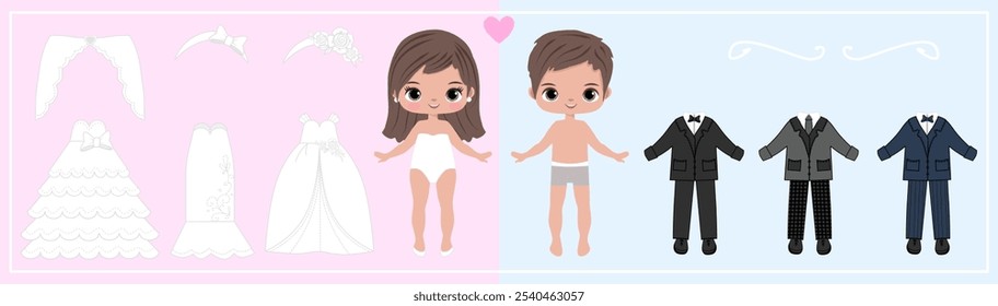 Paper doll clothes.Wedding.Cute girl with clothes set, collection. Fashion girl, boy. Dress up stickers. Vector illustration. Baby doll, children, kids play, toy, game, activity. Cutouts, cut out. 