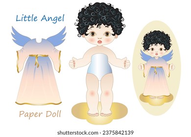 Paper doll to cut out representing a little angel with clothes to wear