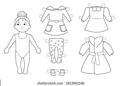 Paper doll of a cute girl and some clothes. Black and white vector set, dress up template for coloring