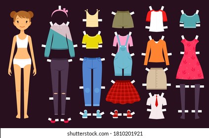 Paper doll. Cute toys female doll with various wardrobe clothes fashion girls vector illustrations