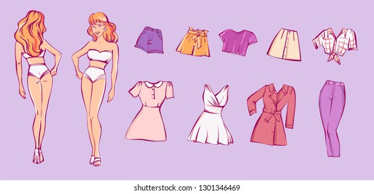 Boneca de papel com vestidos diferentes, ilustração vetorial