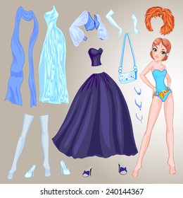Paper Doll with different evening dresses.
