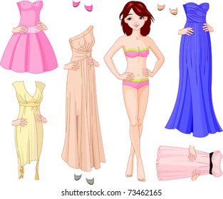 Paper Doll with different evening dresses