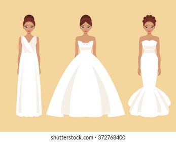 Paper doll with different styles of wedding dresses. Beautiful bride