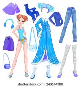 Paper Doll with different winter dresses.