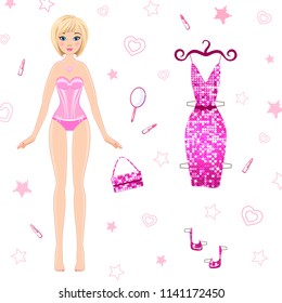 paper doll and evening dress on a white background