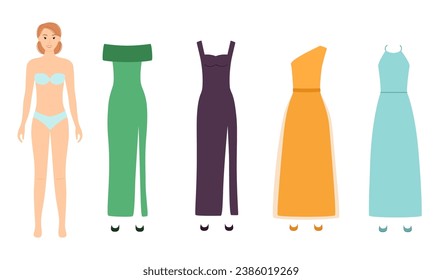 Paper doll with fashion dresses for different events, vector illustration