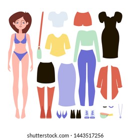 Paper doll game clothing set collection. Body template, outfit and accessories.