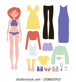 Paper Doll Game Clothing Set Collection. Body Template, Outfit And Accessories.