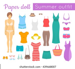 Paper doll game for girl. Vector flat style illustration. Cut out a figure of a young beautiful girl and dress her up in fashionable casual summer clothes and footwear. Women vacation wardrobe