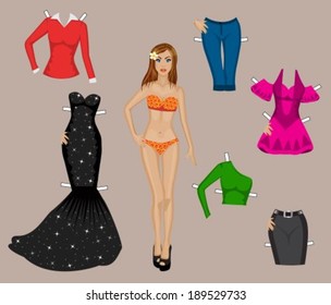 paper doll girl in a bathing suit with a set of different clothes for cutting
