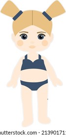 Paper doll girl blonde with ponytails in a blue swimsuit