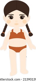 Paper doll girl brown-haired with pigtails in a bathing suit