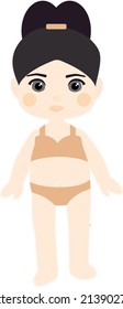 Paper doll girl brunette with ponytail in a beige swimsuit