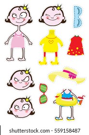 Paper doll girl. With paper clothes and change of mood
