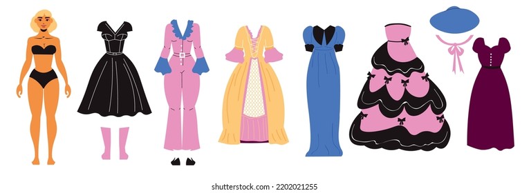 Paper doll girl dress set flat isolated vector illustration