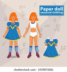 Paper doll, illustration for creating a cut-out toy, vector Isolated from the background, layout of a teenage girl and a blue dress