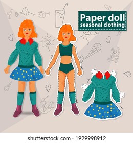 Paper doll, illustration creating a cut-out toy, vector Isolated from the background, mock-up of a teenage girl in a turquoise jacket and blue skirt