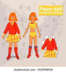 Paper doll, illustration creating a cut-out toy, vector Isolated from the background, mock-up of a teenage girl in a red sweater and yellow skirt