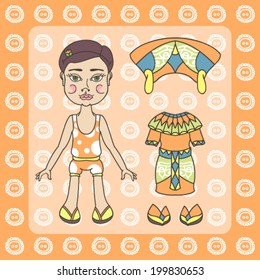 Paper doll little girl fashion exotic trendy fantasy wardrobe colorful clothing cute shoes game for girl childhood interesting cute drawn character