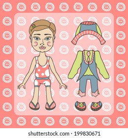 Paper doll little girl fashion exotic trendy fantasy wardrobe colorful clothing cute shoes game for girl childhood interesting cute drawn character