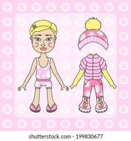 Paper doll little girl fashion exotic trendy fantasy wardrobe colorful clothing cute shoes game for girl childhood interesting cute drawn character