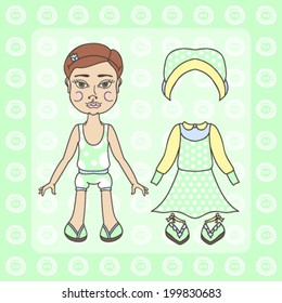 Paper doll little girl fashion exotic trendy fantasy wardrobe colorful clothing cute shoes game for girl childhood interesting cute drawn character