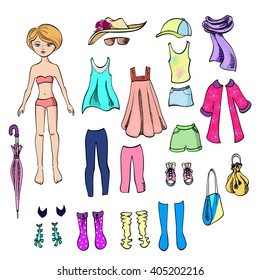 paper doll for a little girl and a set of summer clothes for her