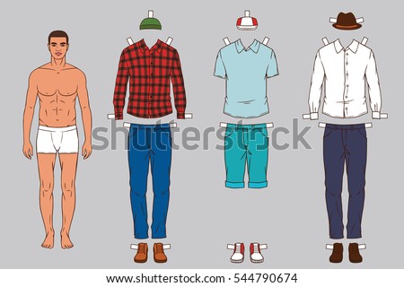 Paper doll of the Man with different outfits clothes. Modern, stylish, fashionable clothing for man. Hand drawn stylish outfits for young man.