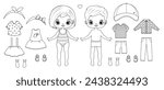 Paper doll outline. Paper doll clothes. Boy, girl, baby. Coloring page, Coloring book. Cute girl with clothes. Vector illustration isolated on white background. Dress up, cutouts, cut out. Toy, game