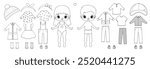 Paper doll outline. Paper doll clothes. Boy, girl, baby. Coloring page, Coloring book. Cute girl with clothes. Vector illustration isolated on white background. Dress up, cutouts, cut out. Toy, game