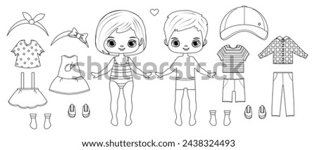 Paper doll outline. Paper doll clothes. Boy, girl, baby. Coloring page, Coloring book. Cute girl with clothes. Vector illustration isolated on white background. Dress up, cutouts, cut out. Toy, game