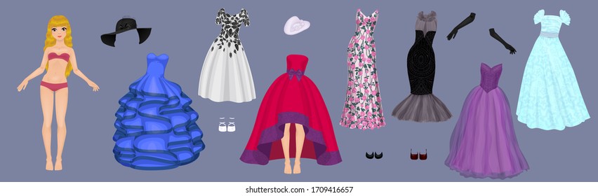 Paper doll of a pretty blond girl with a variety of paper evening dresses, hats, gloves and shoes