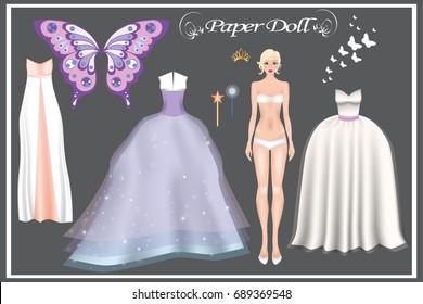 Paper Doll. Realistic image of a girl and beautiful ball dresses. Body templates.