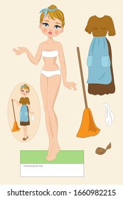 A paper doll representing Cinderella before the dance while cleaning the house