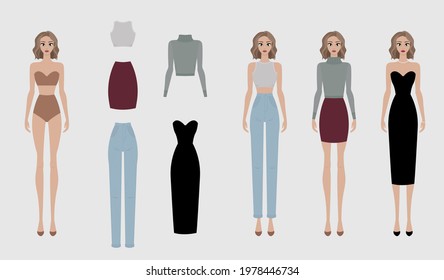 
Paper doll with set of basic fashion clothes: evening dress, sweater, skirt, top and jeans. Vector illustration.
