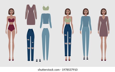 Paper doll with set of basic fashion clothes: evening dress, tracksuit, top and jeans. Body template. Vector illustration.