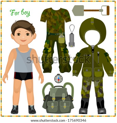 Paper doll with a set of clothes. Clothing and accessories for camping trip. Template for cutting.