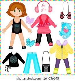 Paper doll with a set of clothes. Cute fashion girl. Template for cutting.