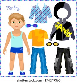 Paper doll with a set of clothes. Cute trendy boy. Template for cutting.