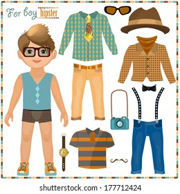Paper doll with a set of clothes. Cute hipster boy. Template for cutting.