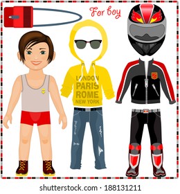 Paper doll with a set of clothes. Cute trendy boy. Template for cutting.