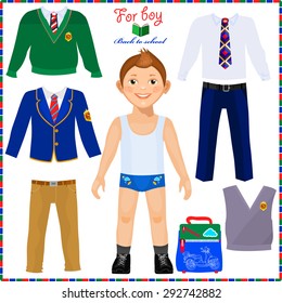 Paper doll with a set of clothes. Cute boy student. Template for cutting. Back to school.