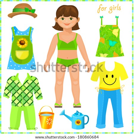 Paper doll with a set of clothes. Cute girl. Pretty gardener. Template for cutting.