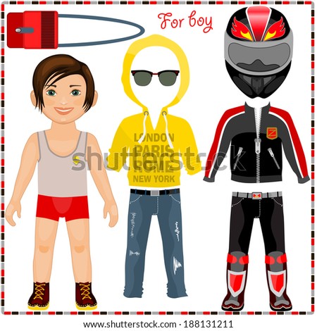 Paper doll with a set of clothes. Cute trendy boy. Template for cutting.