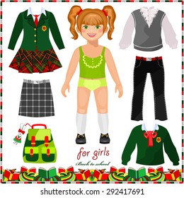 Paper doll with a set of clothes for school. Cute schoolgirl. Template for cutting. Back to school