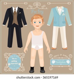 Paper doll with a set of clothes. Wedding suits for the groom. Cute trendy boy. Template for cutting.