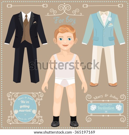 Paper doll with a set of clothes. Wedding suits for the groom. Cute trendy boy. Template for cutting.
